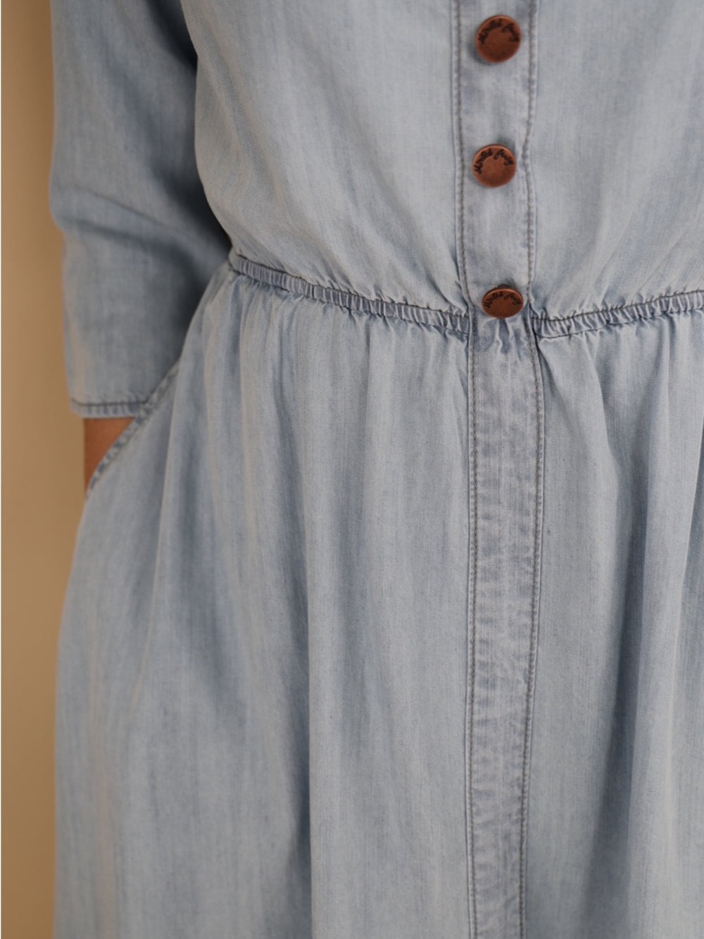New Light Wash Denim Midi Dress with Button Front - Picture 2 of 13